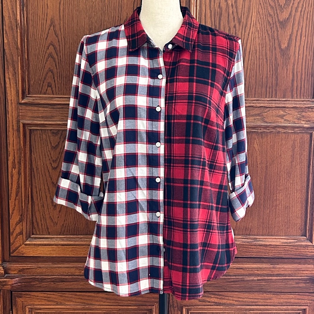 Tommy Hilfiger Mixed Plaid Color Block Button Down Cotton Shirt Red/Black Medium